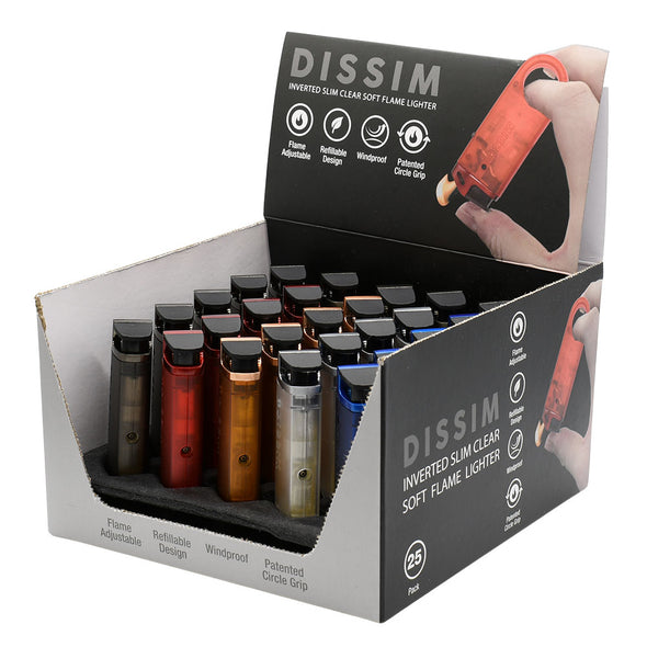 Dissim Slim Clear Soft-Flame Lighter 25ea POP - 5 Color Clear Body