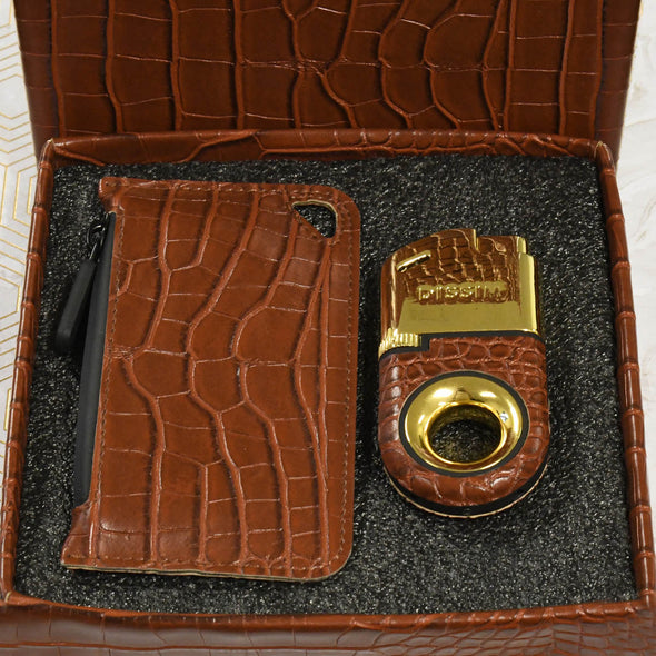 Gold Soft Flame Butane Lighter with Brown Crocodile Leather