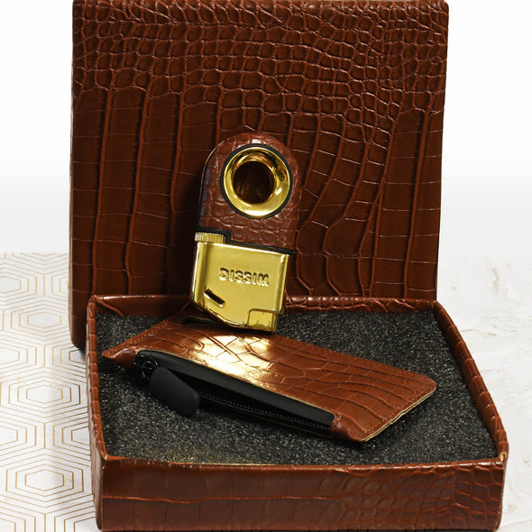 Gold Soft Flame Butane Lighter with Brown Crocodile Leather