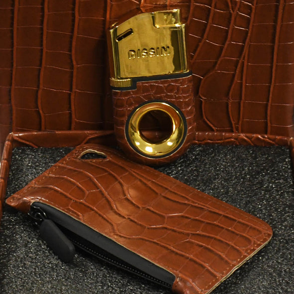 Gold Soft Flame Butane Lighter with Brown Crocodile Leather