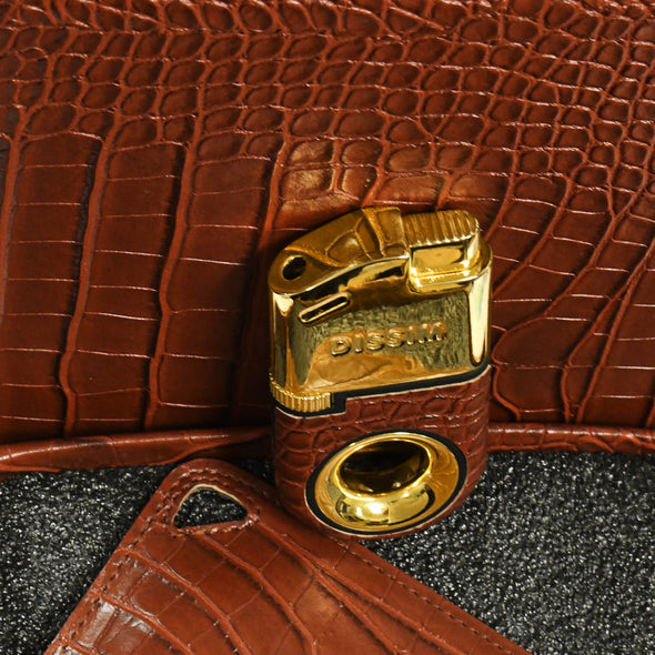 Gold Soft Flame Butane Lighter with Brown Crocodile Leather