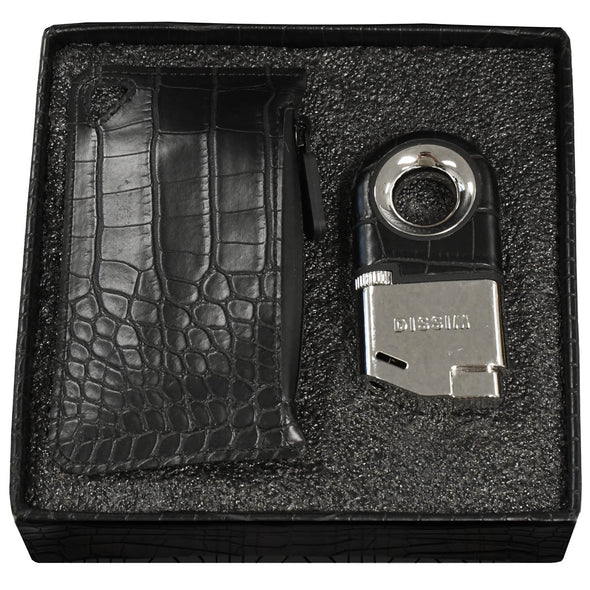 Platinum Soft Flame Butane Lighter with Black Crocodile Leather Grip