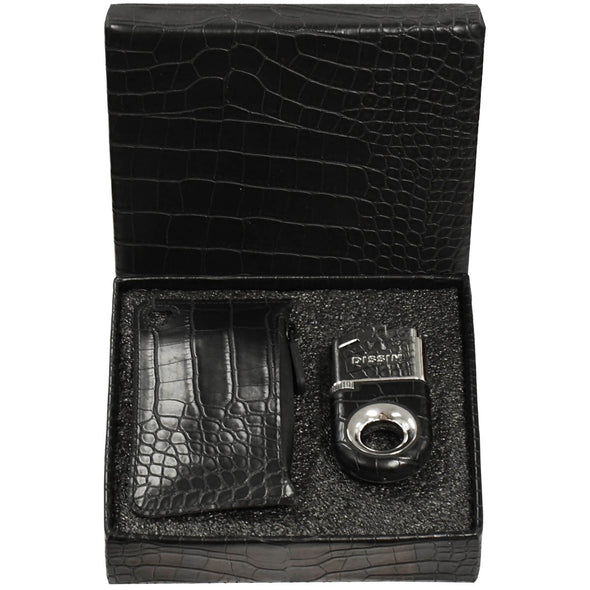 Platinum Soft Flame Butane Lighter with Black Crocodile Leather Grip