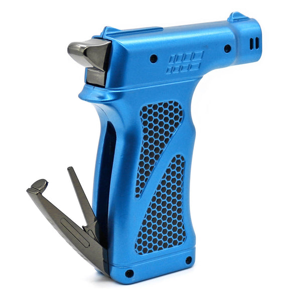 Metallic Blue Hammer Butane Lighter with open tool kit