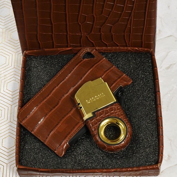 Gold Torch Lighter with Brown Crocodile Leather
